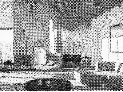 a pixelated room in black and white