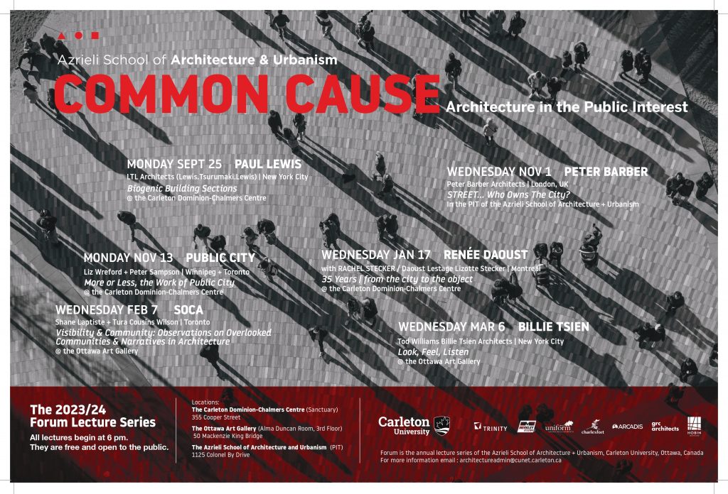 A poster of a birds eye view of people walking outside. The poster is adverting the Open Forum Lecture Series 2023/24 called Common Cause, Architecture in the Public Interest. It lists lecture dates for Sept 25, Nov 1, Nov 13, Jan 17, Feb 7, and March 6.