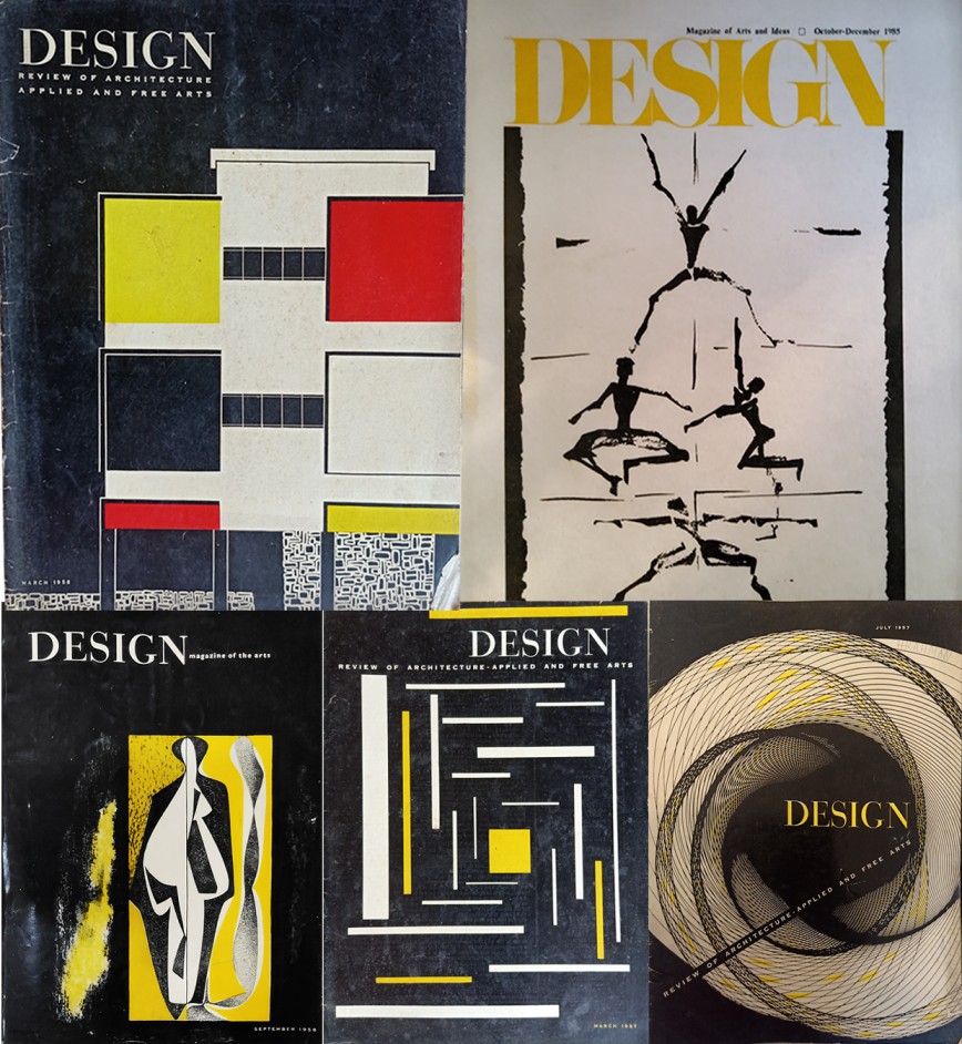 Collage of five covers of magazines that say Design on them, with abstract images