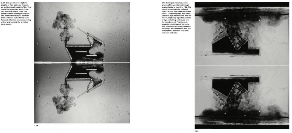 Page of Lisa Moffitt's Architecture’s Model Environments book. Features two mirrored photos of flow patterns through an architectural model