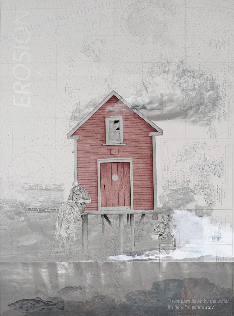 drawing of a red house by the water, with the word "Erosion" on the side of the drawing.