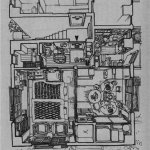 Sketch from 1942 depicting a birds eye view of the inside of an apartment.