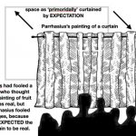 Graphic of the silhouetted back of a crowd of heads looking at closed curtains