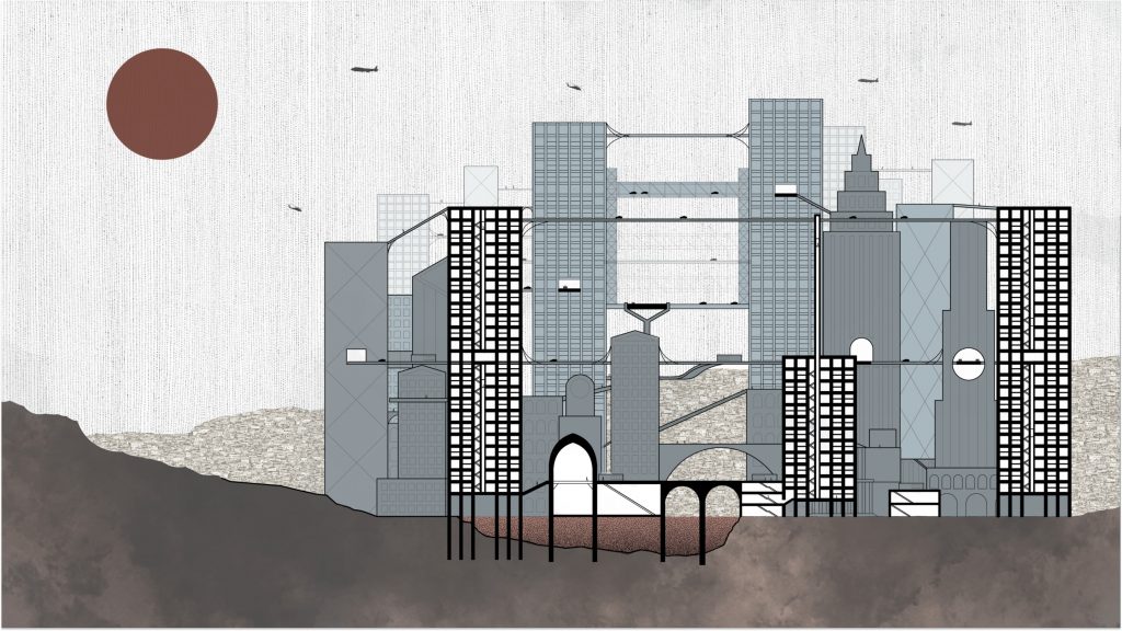 A cross-sectional diagram of a city created by a student in the STUDIO FIRST program