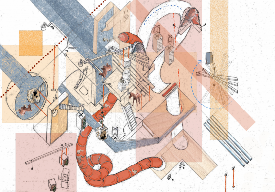A drawing comprised of various elements, including a pipeline, horses, rabbits, boxes, planks, stairs, and more, featuring interwoven blocks of red, orange, pink, and blue colors. Created by a student in the STUDIO FIRST program in 2023.