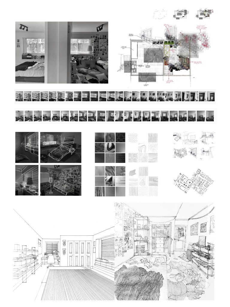 Sketches of a room with its black and white photos created by a student in the STUDIO FIRST program