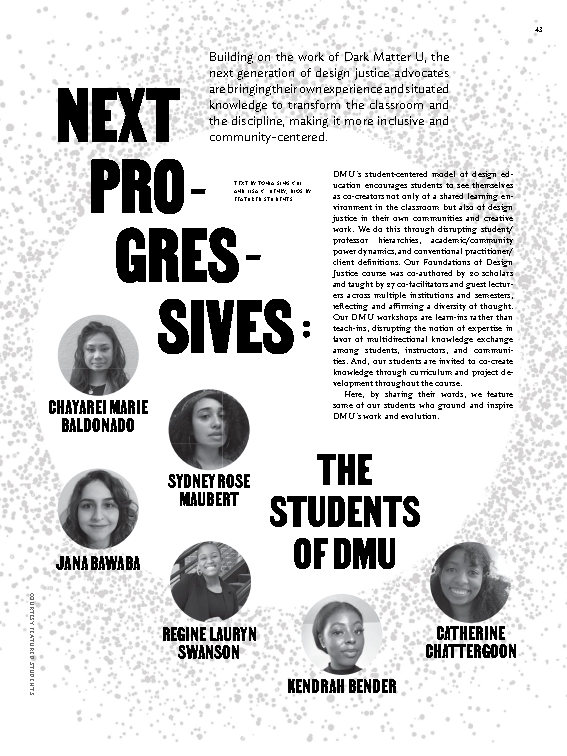 A page of 'The Dark Matter Issue' titled 'NEXT PROGRESSIVES' showing the students of DMU