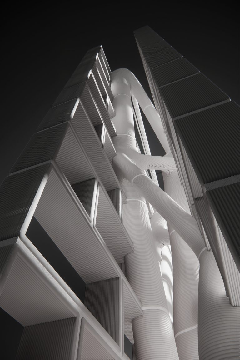 black and white render of a 3D-printed ceramic wall project