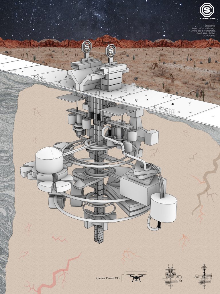 An isometric drawing of underground mechanical equipment in the desert created by a student in the STUDIO FIRST program