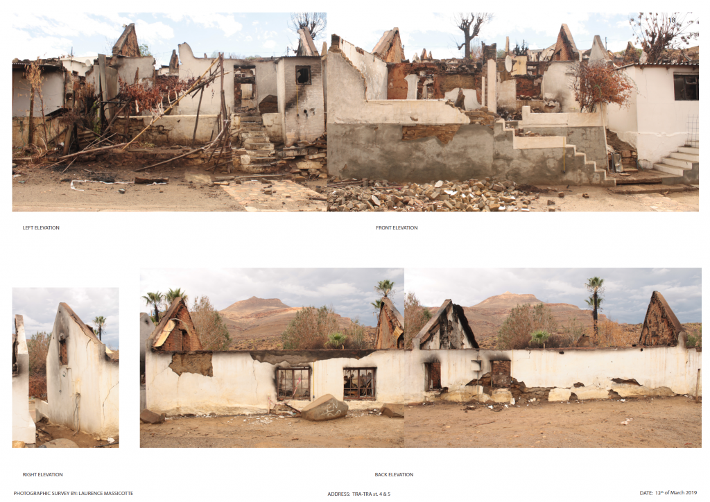 A photographic survey showcasing four images displaying the left, right, front, and back elevation of a destroyed home