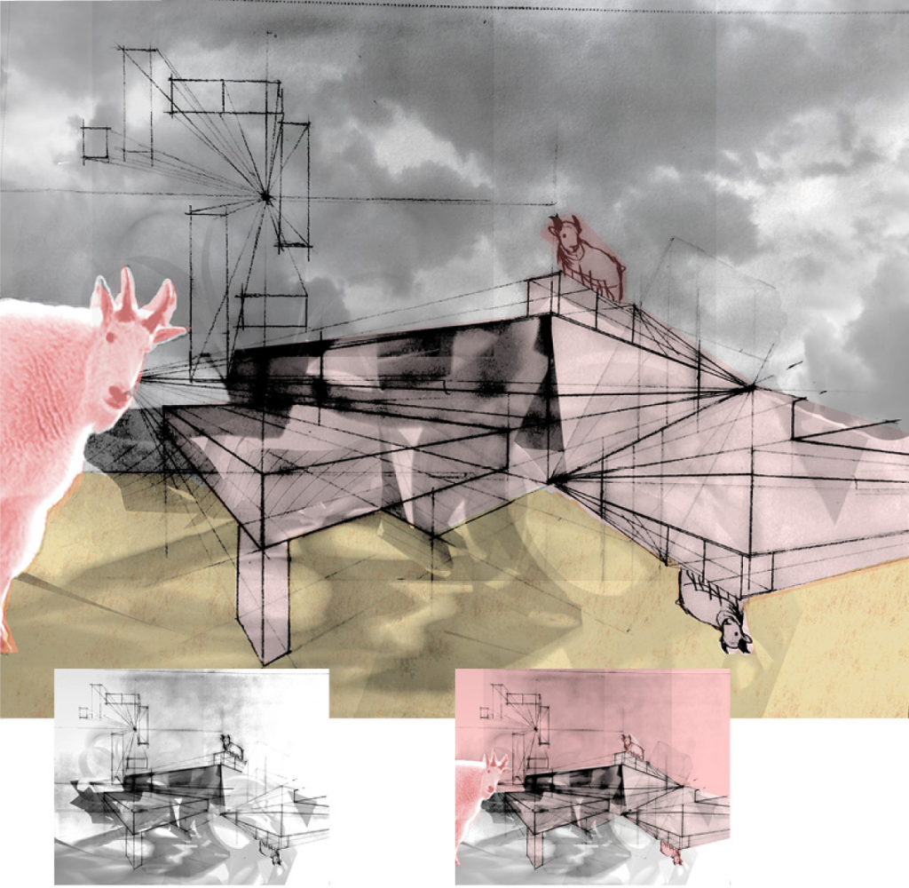 An architectural perspective drawing, featuring a pink building, yellow ground, and pink sheep, against a grey sky, by a student in the STUDIO FIRST program in 2023.