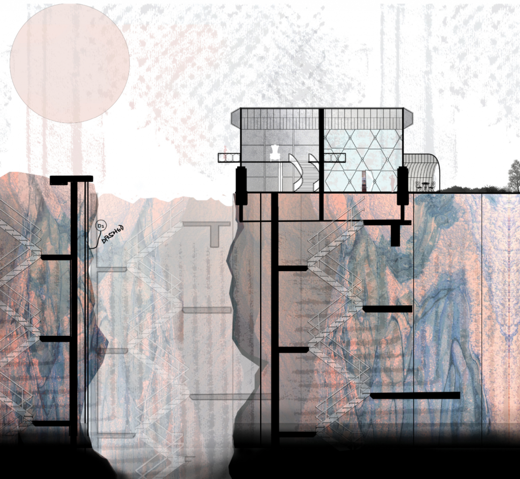 An architectural section diagram of a small building on the ground, leading to multiple underground levels with a blend of pink and blue-colored terrain, and a red sun, by a student in the STUDIO FIRST program in 2023.