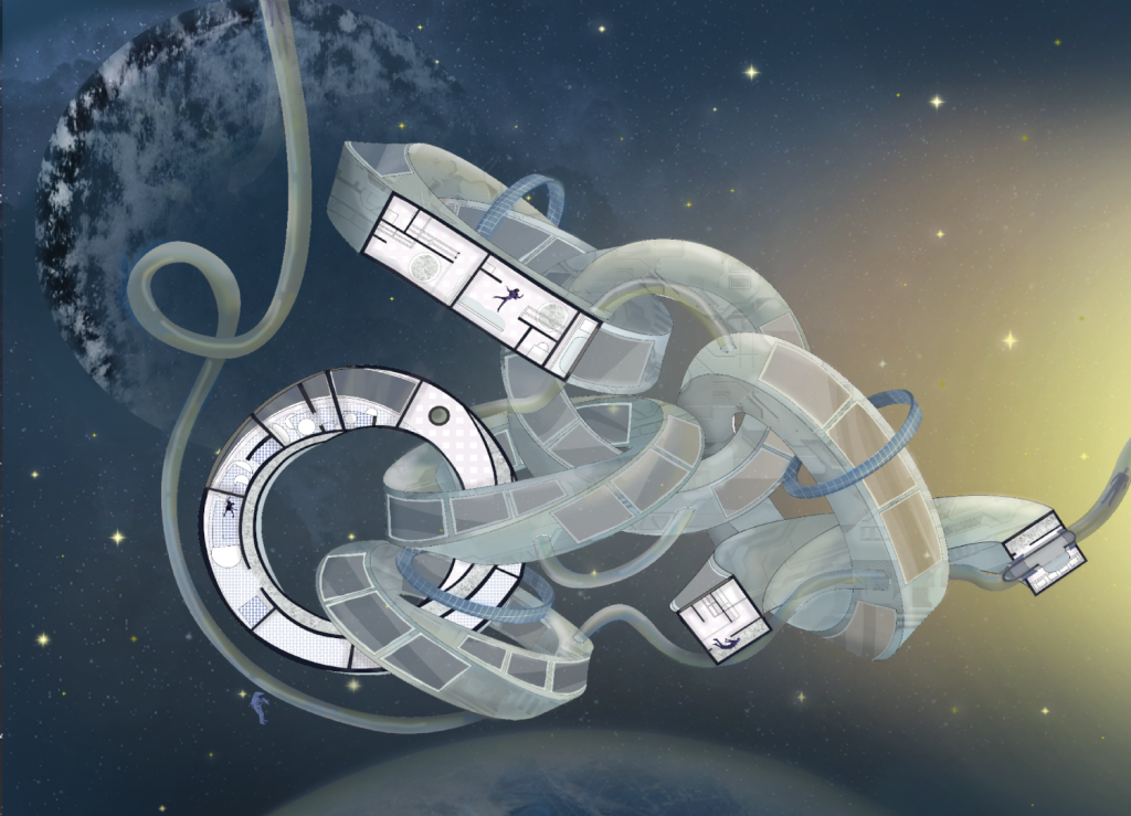 A cross-section drawing of a space station composed of seven interconnected circular structures, set against a deep blue universe background, by a student in the STUDIO FIRST program in 2023.