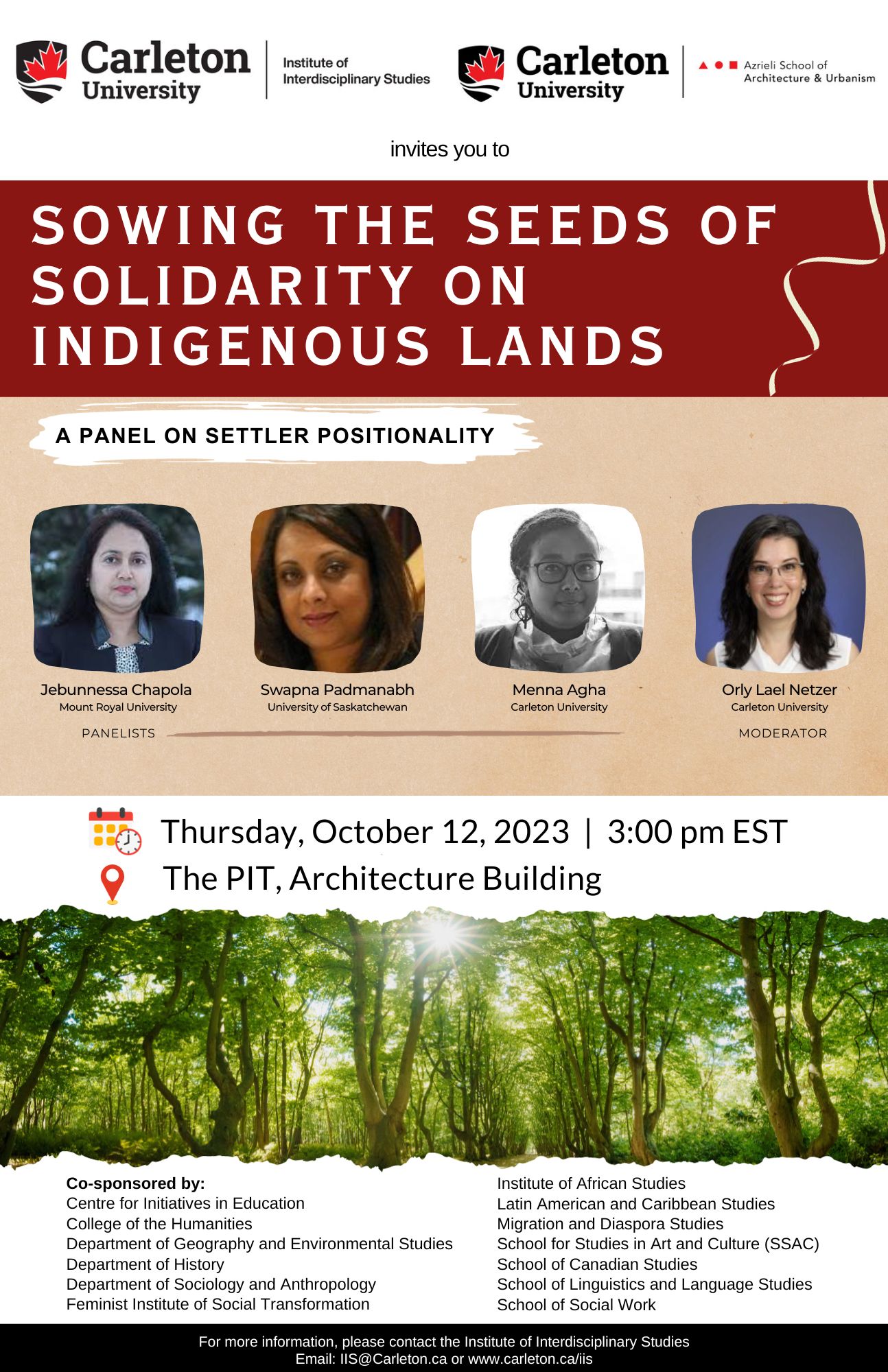 Poster for Sowing the Seeds of Solidarity on Indigenous Lands: A panel discussion on Settler Positionality, listing the guest speakers and sponsors