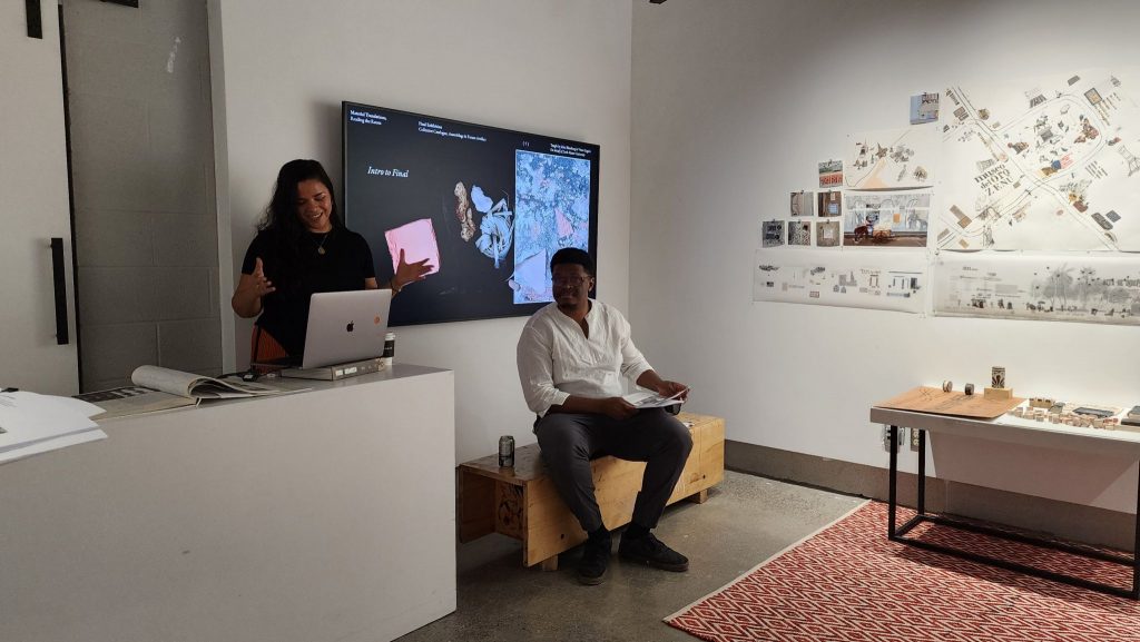 A photo of Jelisa Blumberg (on the left) and Victor Zagabe (on the right) teaching a graduate studio at the Azrieli School of Architecture & Urbanism in Winter 2023.