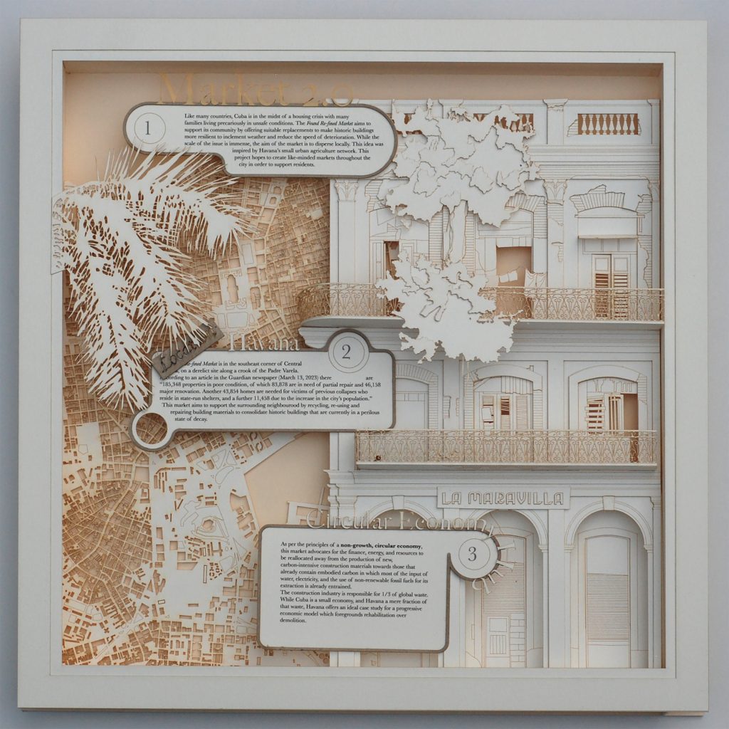 A paper-cut collage showcasing an architecture and plan.