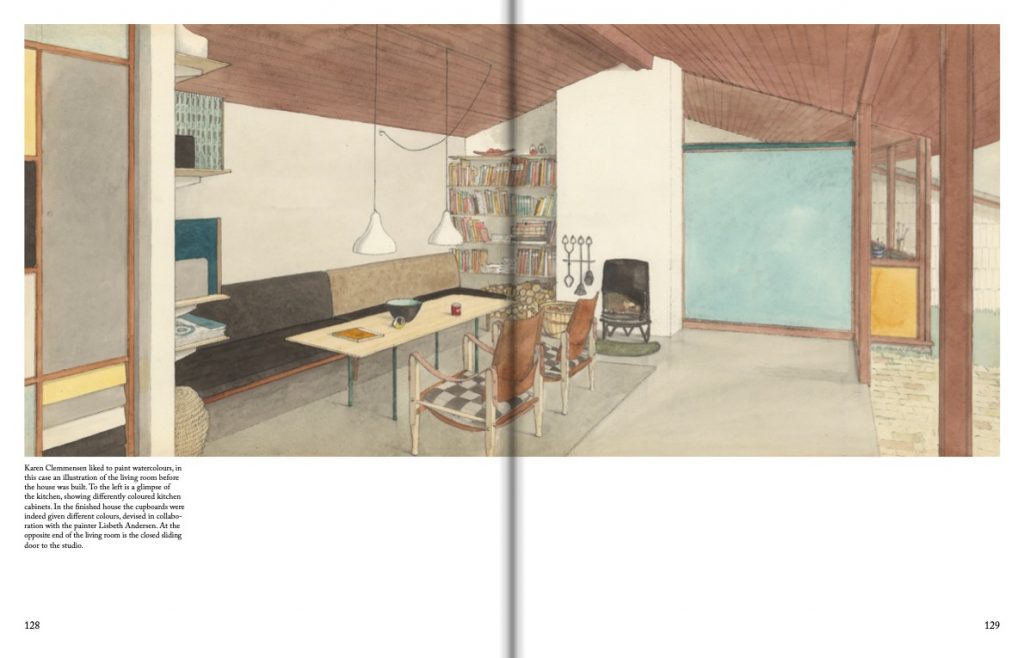 Page 128 to 129 of Untold Stories: Women, Gender, and Architecture in Denmark with a drawn illustration of a room.