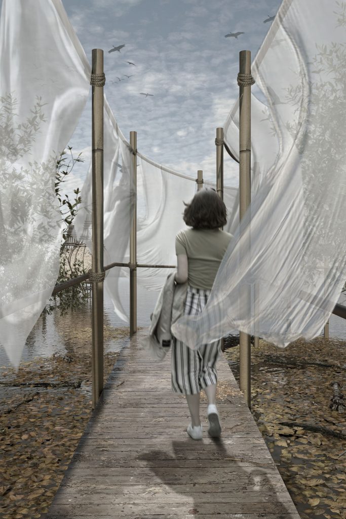 A woman is walking on a wooden boardwalk surrounded by fluttering curtains swaying in the breeze.