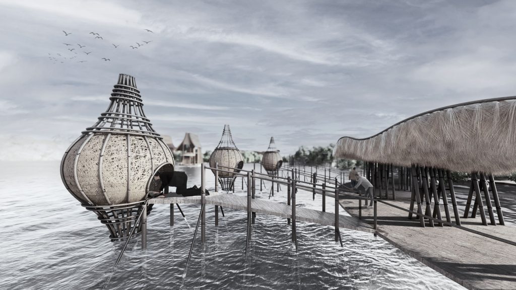 Three standalone meditation cabins on the water connected to the land by gangways