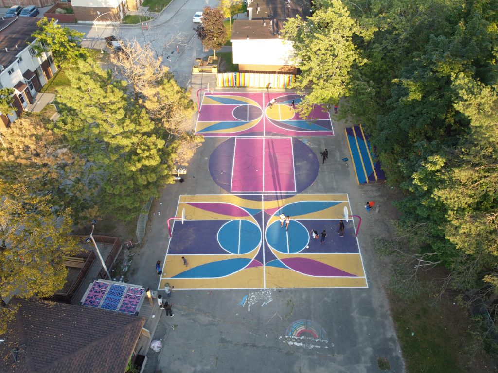 A colorfully painted basketball court
