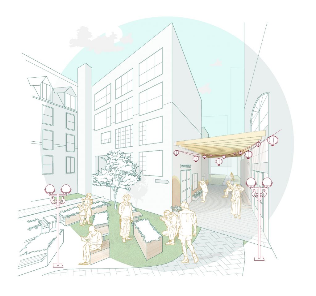 A perspective render featuring people gathering in a small garden with buildings in the background during the summer.