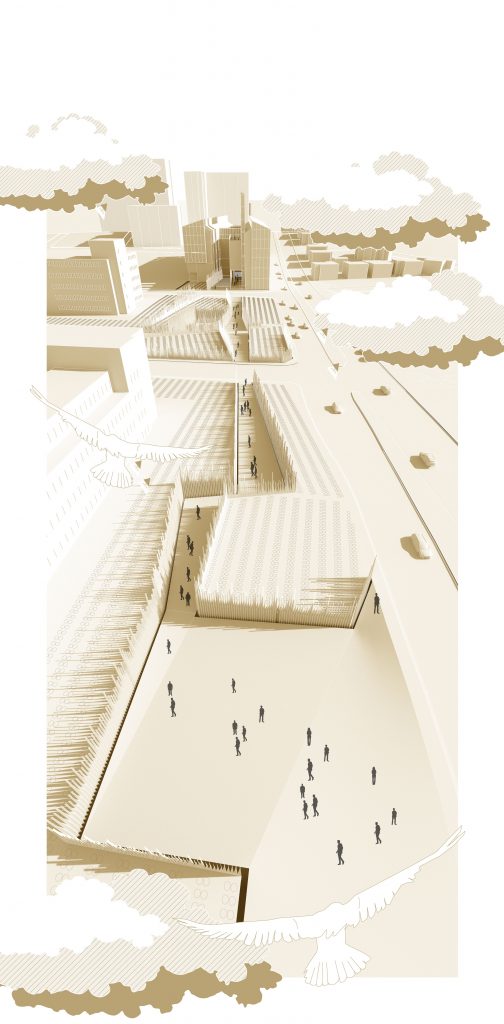 Architectural conceptual illustration in sepia tones, featuring buildings, people, and a bird in flight.