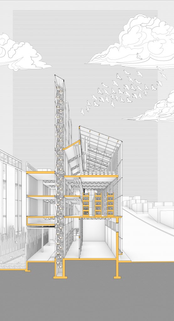 Architectural drawing with structural details, and accentuated lines in grayscale and yellow.