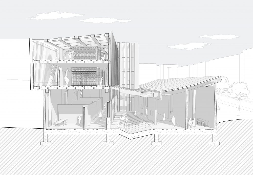 Detailed architectural cross-section illustration in grayscale, showing interior spaces, people, and structural elements of a multi-story building.