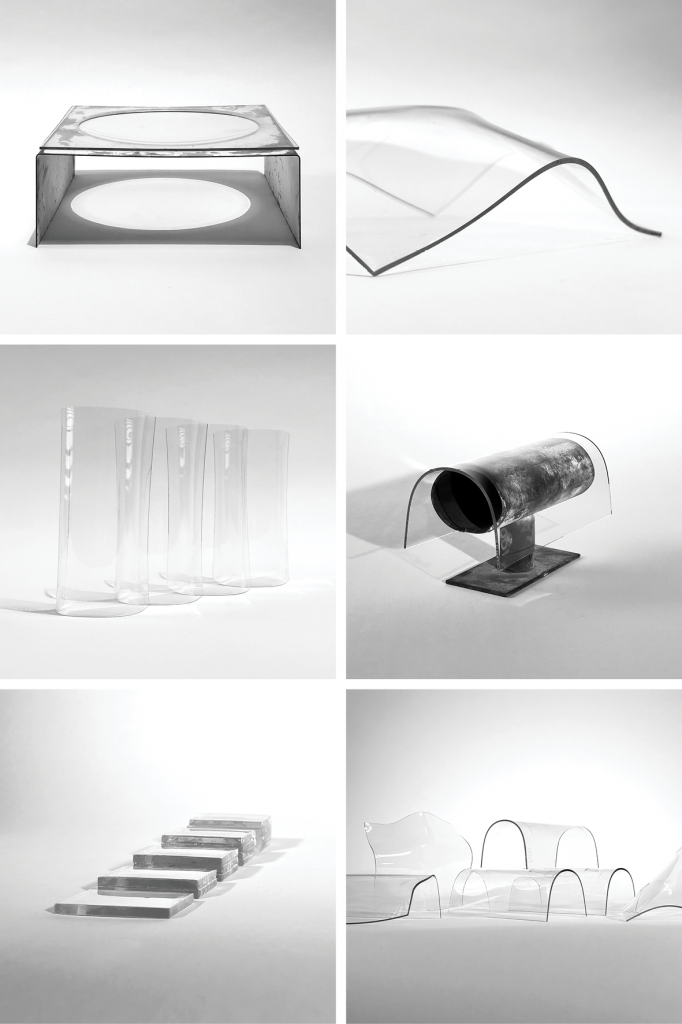 a black and white composition displaying a collection of six different transparent glass sculptures