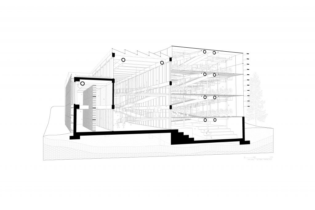 Architectural cross-section drawing of a multi-story building with detailed interior layers.
