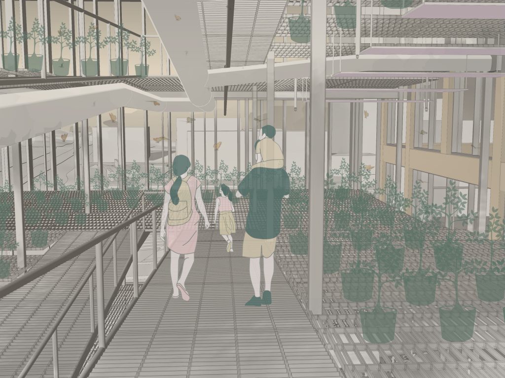 Interior of a building with walkways, plants, and people in a pastel-toned illustration.