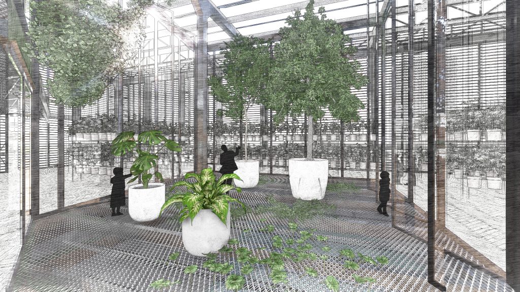 A image of an indoor garden with potted plants, and trees in a glass and steel structure.