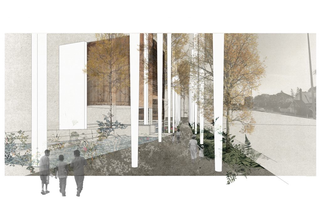 Artistic architectural visualization with a collage effect showing people walking towards a building with tall vertical elements and autumnal trees.