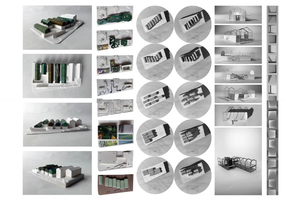 A collage of architectural models and diagrams in various scales and perspectives, monochrome and colored.
