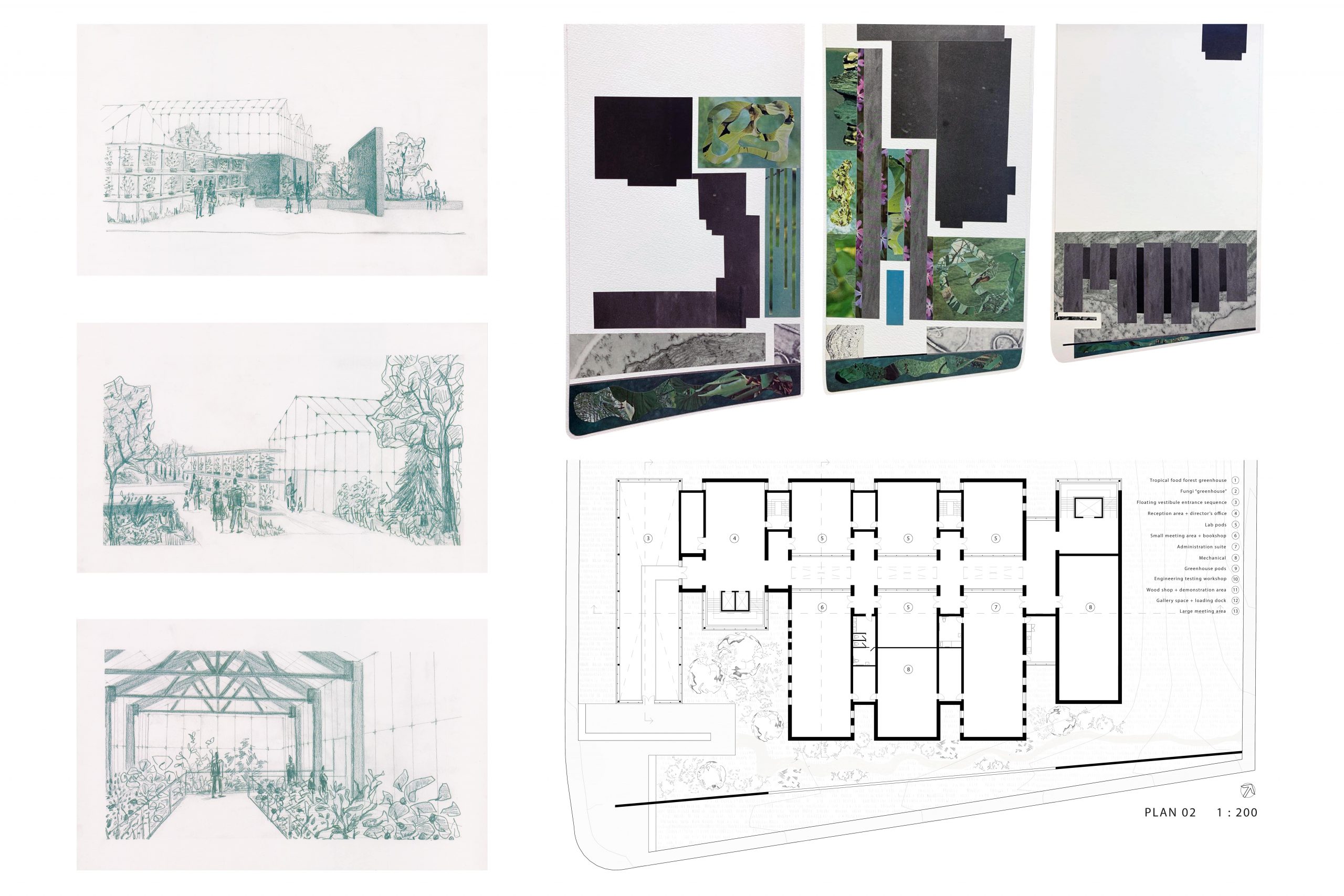 A collection of architectural sketches, photomontages, and floor plans for a building project.