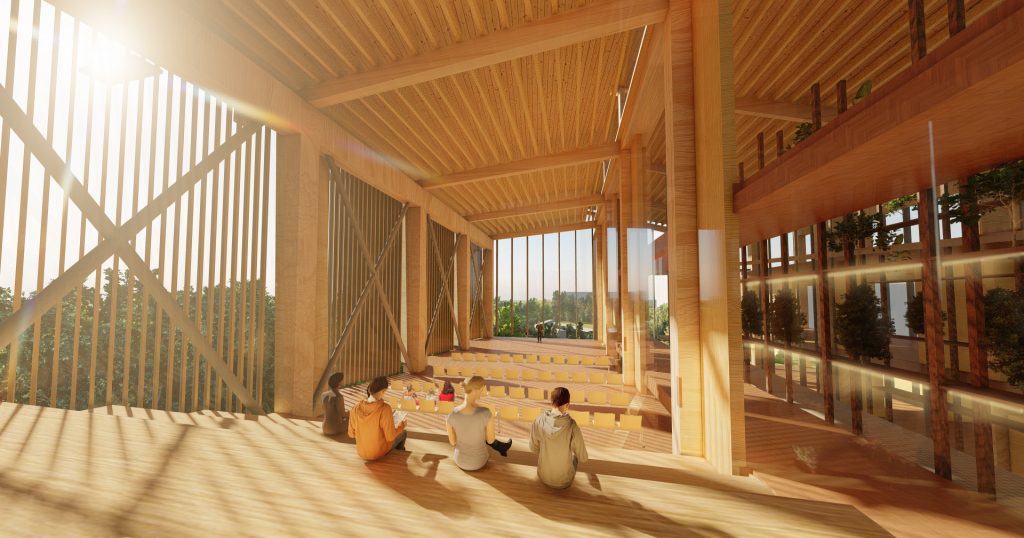 A 3D rendering of people sitting inside a spacious, sunlit wooden interior with large windows and beams.