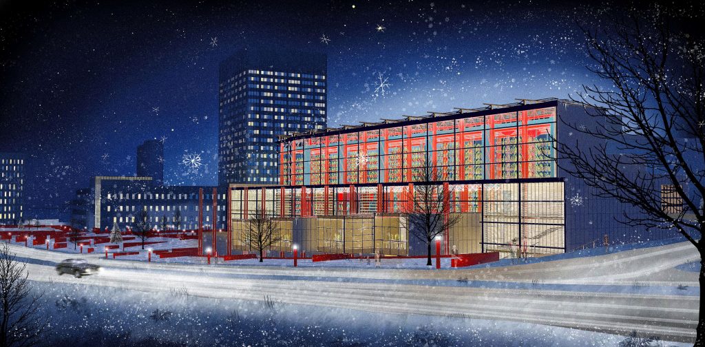 A nighttime scene depicting a modern, illuminated glasshouse architecture in a snowy urban setting with falling snowflakes.
