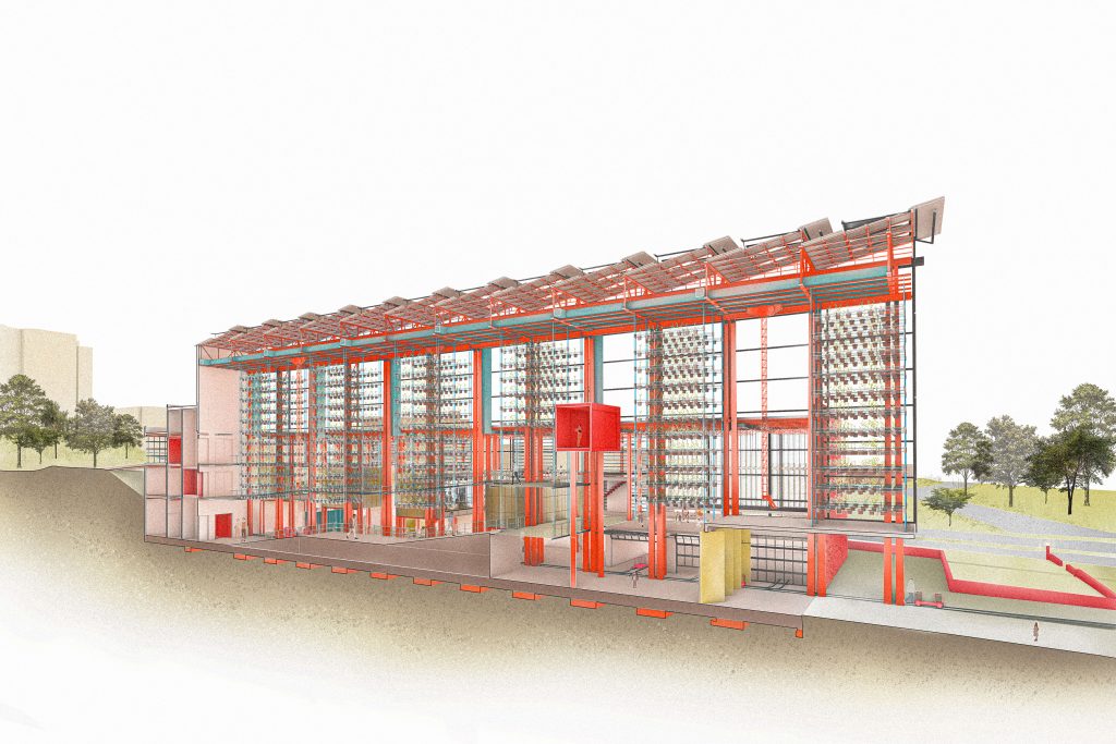 Colorful architectural rendering of a glasshouse structure with a red framework, integrated vegetation, and surrounding landscape.