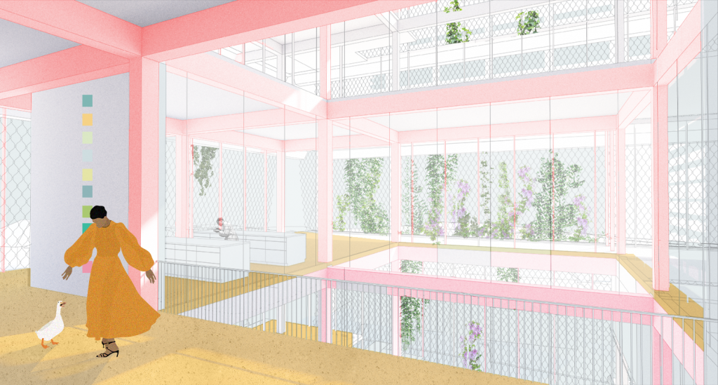 Bright interior rendering of a building with pink structural elements, a person in a yellow dress, and a goose, surrounded by greenery.