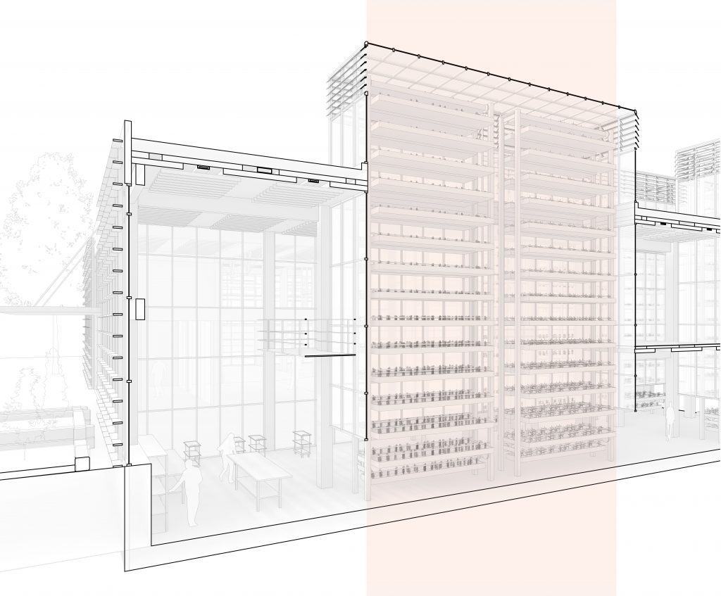 Cross-sectional architectural drawing of a multi-tiered indoor farm structure with transparent walls and people.