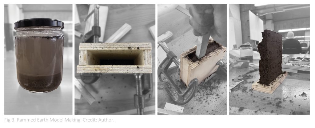 4 images showing the process of reintegrating rammed earth