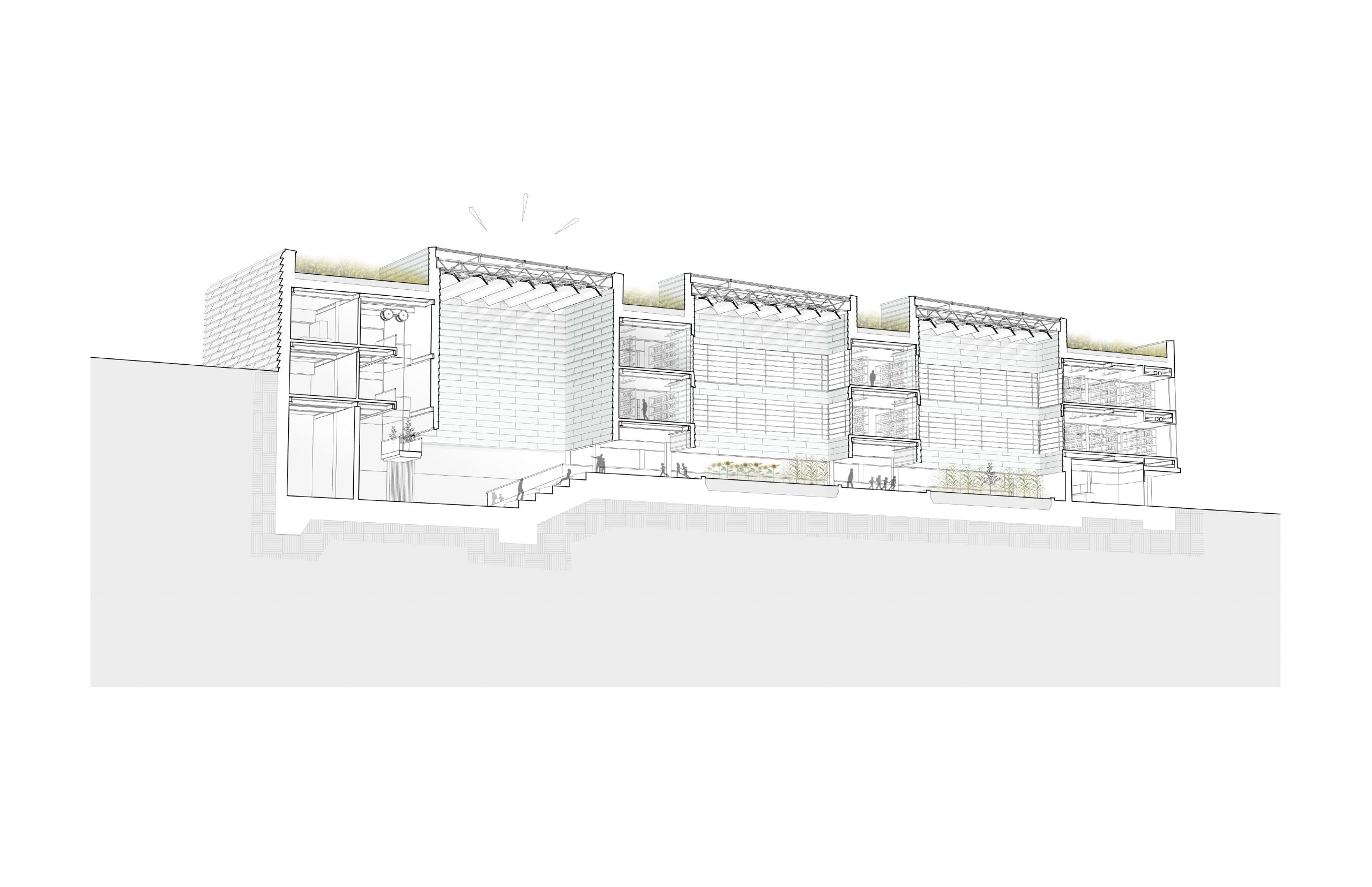 Sectional perspective drawing of a multi-level building complex with detailed facade and interior cutaways.