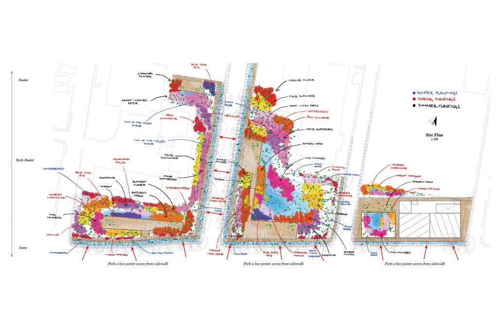 Colorful site plan with annotations for various seasonal plantings and landscape features.