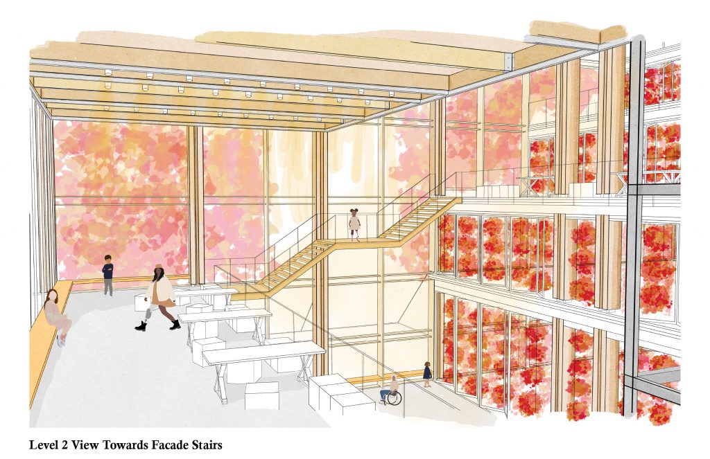 Illustration of an interior space with a staircase, people, and a vibrant floral backdrop.