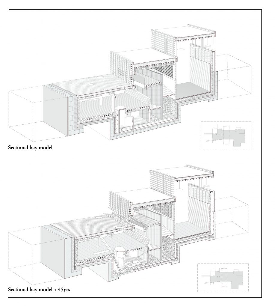 Technical architectural drawings of a sectional bay model with two variations, one present and one projected 45 years into the future.