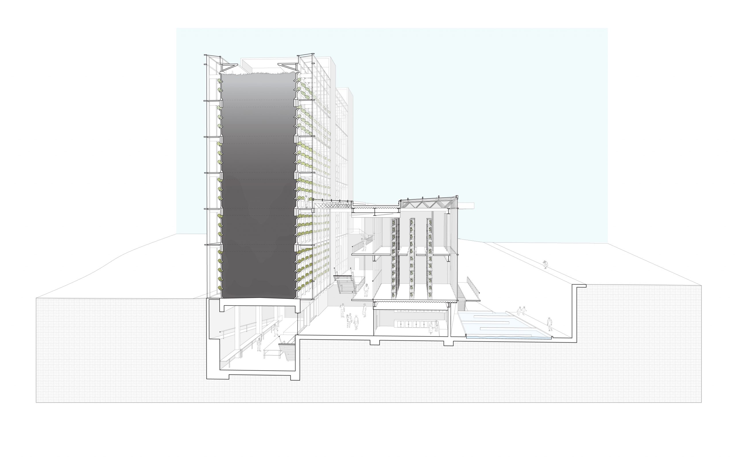 Technical architectural cross-section drawing of a multi-story building with detailed interior layers and elevation context.