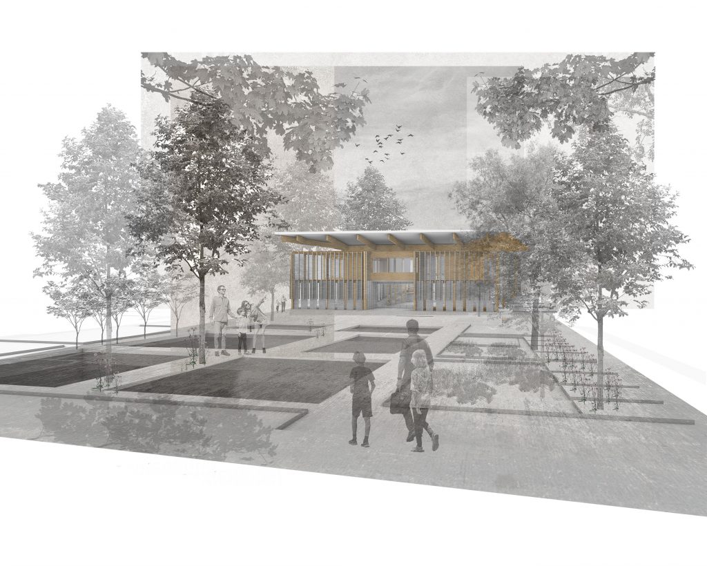 Architectural drawing of a modern architecture among trees with people in the foreground enjoying the outdoor space.