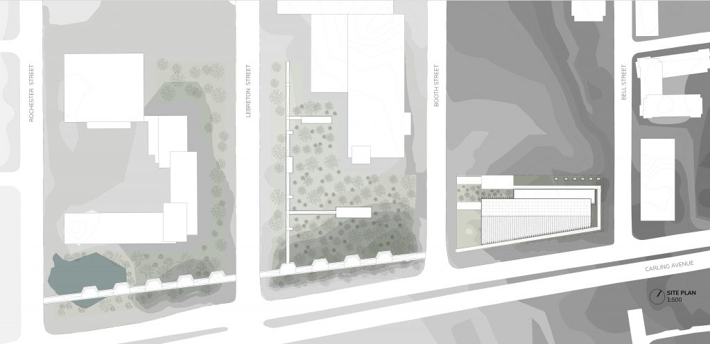 Monochrome site plan showing building layouts, streets, and landscaping details with labeled streets.
