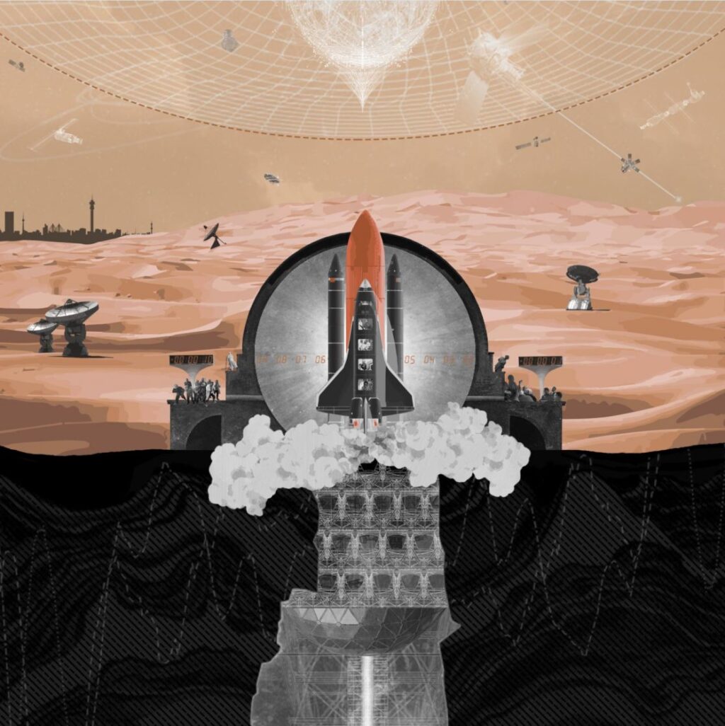 The image depicts a rocket launching from the mouth of a south African mine