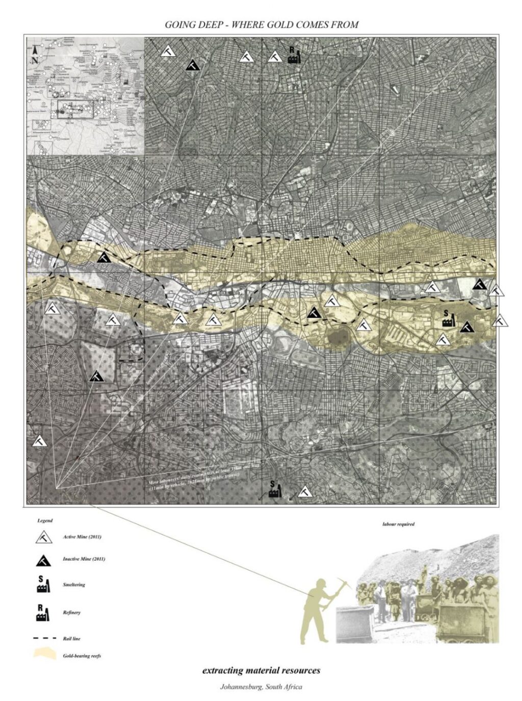 Map of gold extraction sites around Johannesburg, South Africa